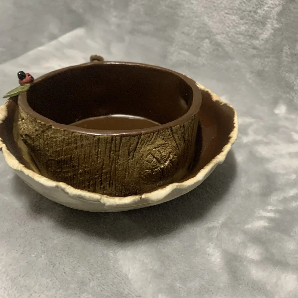Unique Birch Bark Tree Stump Ceramic Vase Planter‎ Mug Ladybug Handle Decorative